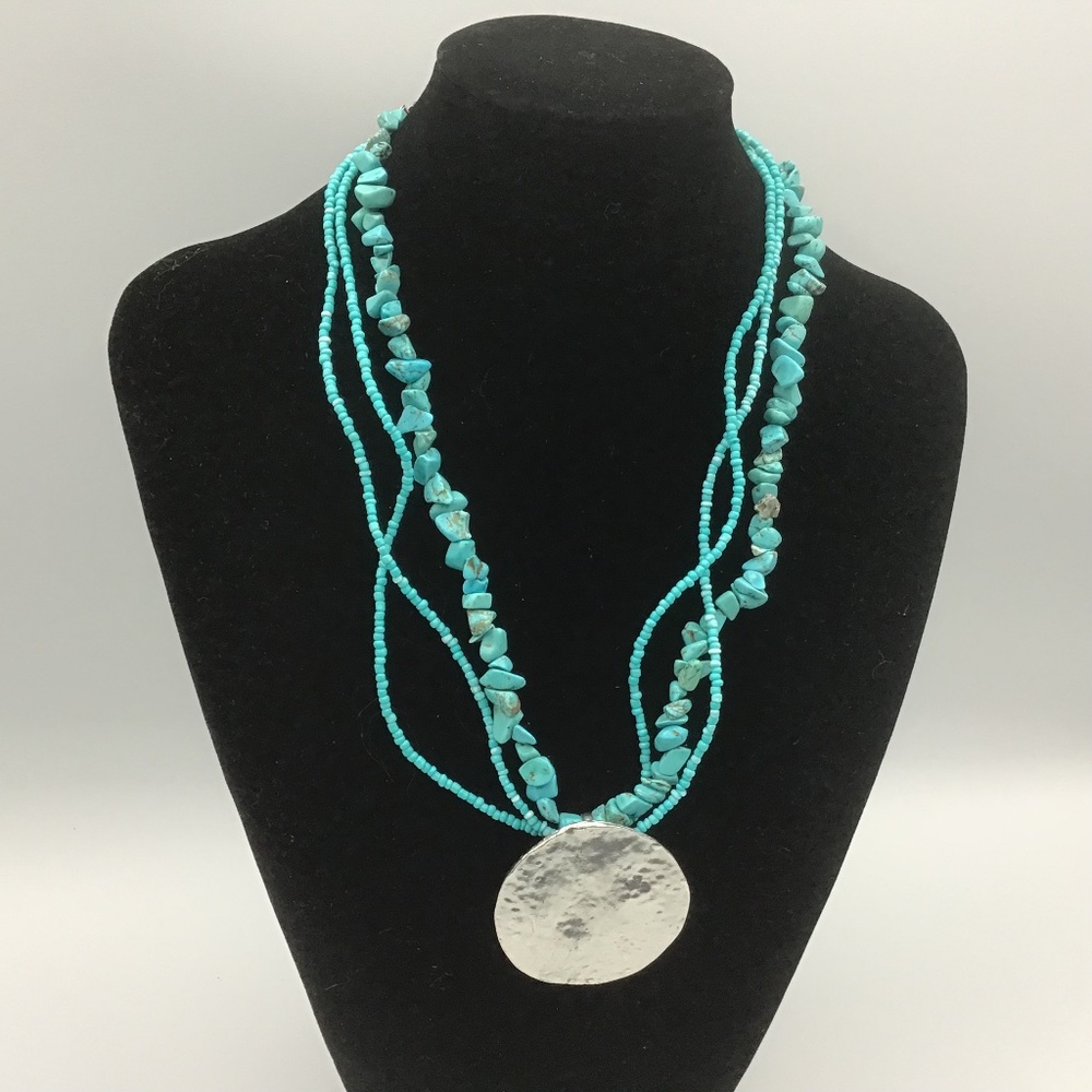 Necklace Turquoise Chip and bead.Three Strand Beaded Modern metal Pendant
